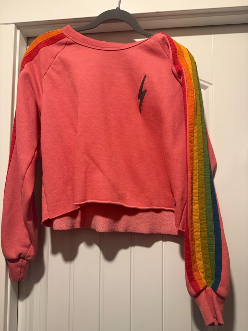 Aviator Nation Pink Cropped Sweatshirt with Rainbow Stripe Sleeves